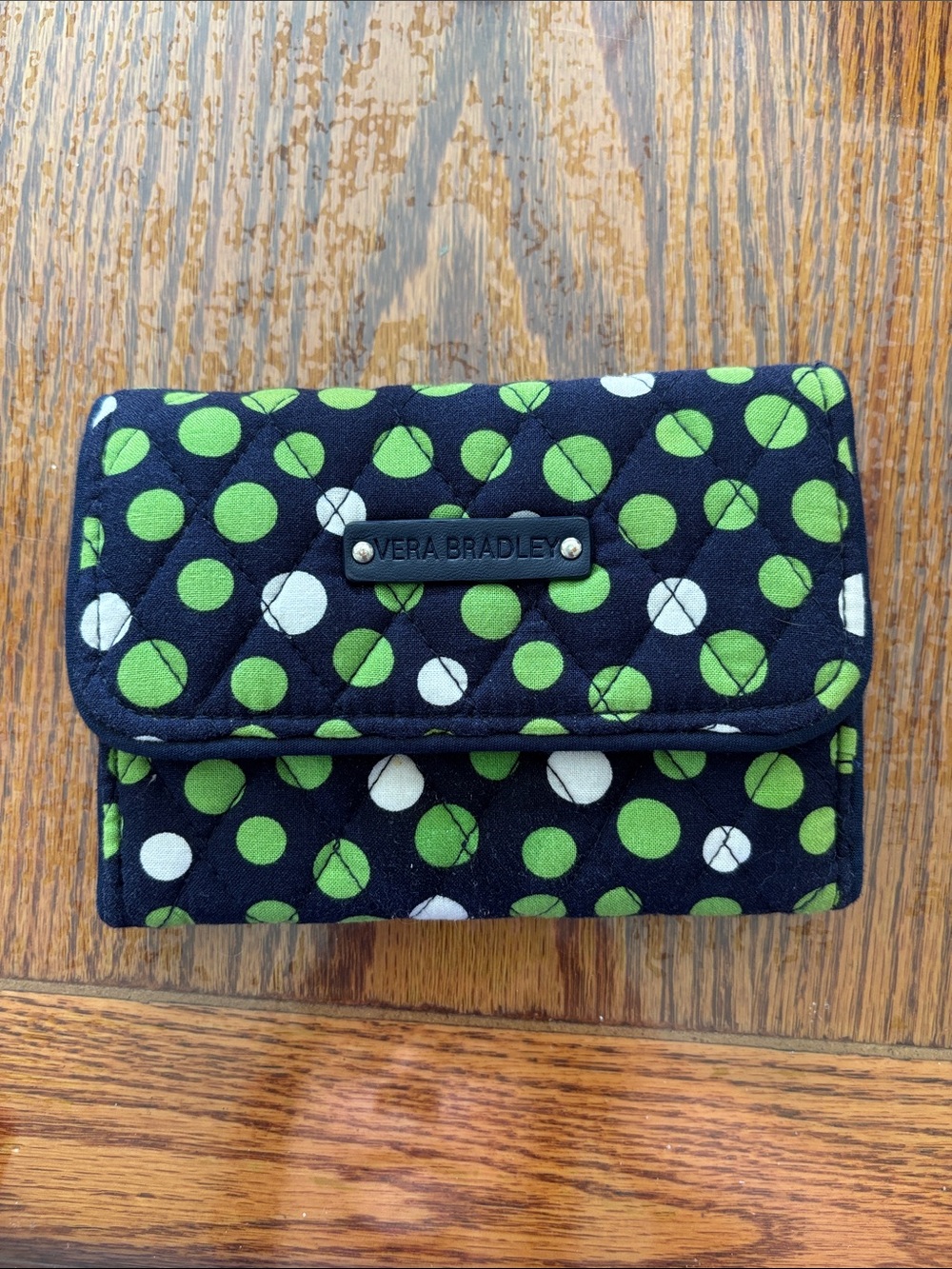 Vera Bradley Navy Quilted Wallet with Lime and White Polka Dots
